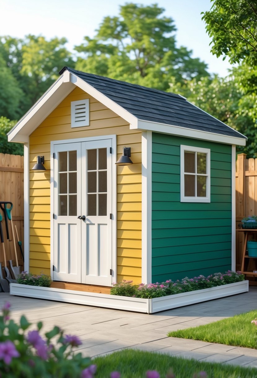 A garden shed with colorful vinyl siding and matching skirting surrounded by grass and flowers.