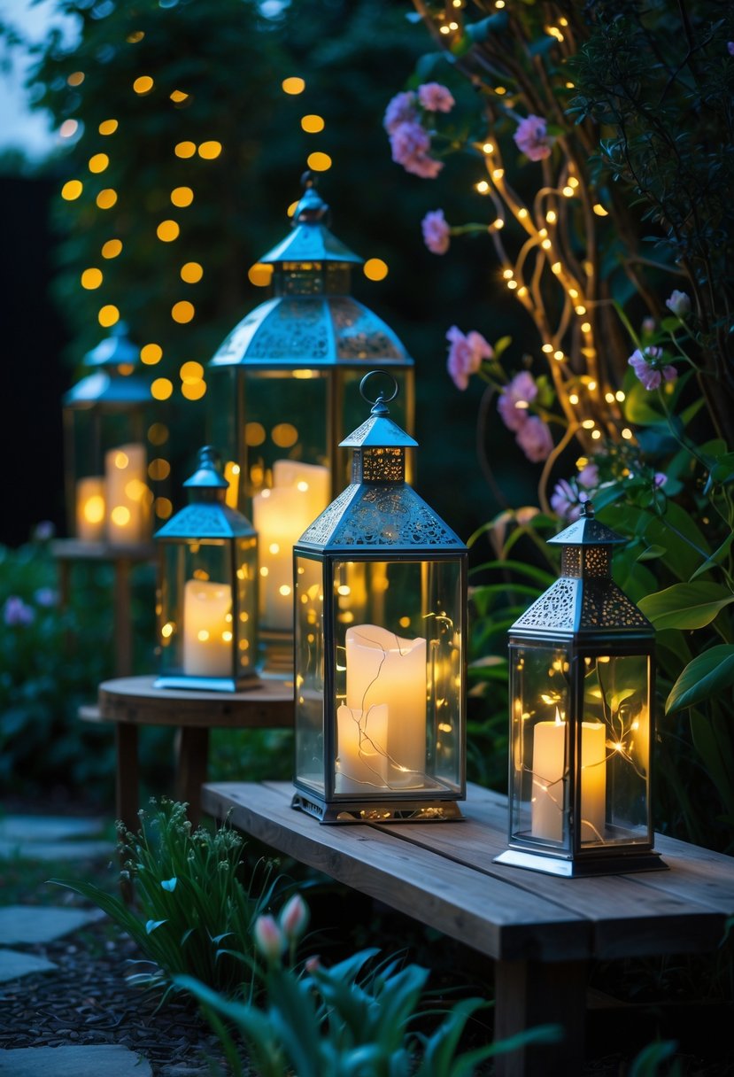 Glass lanterns with warm fairy lights glowing inside, placed in a garden with plants and flowers during twilight.