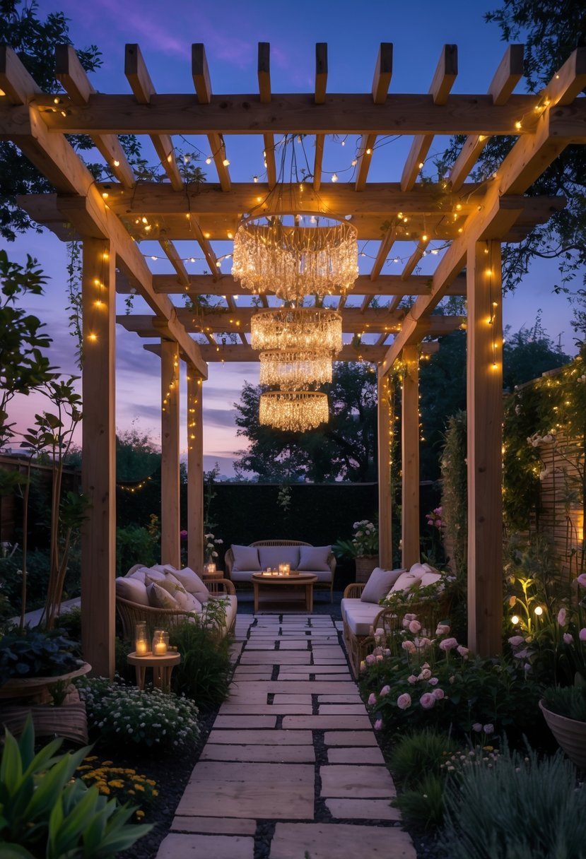 Outdoor garden with wooden pergolas decorated with hanging fairy light chandeliers glowing softly at twilight.