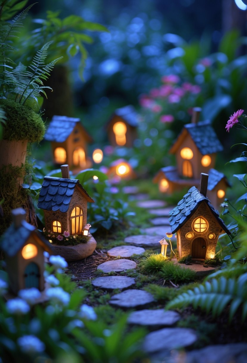A garden path lined with small glowing fairy light houses surrounded by plants and flowers.