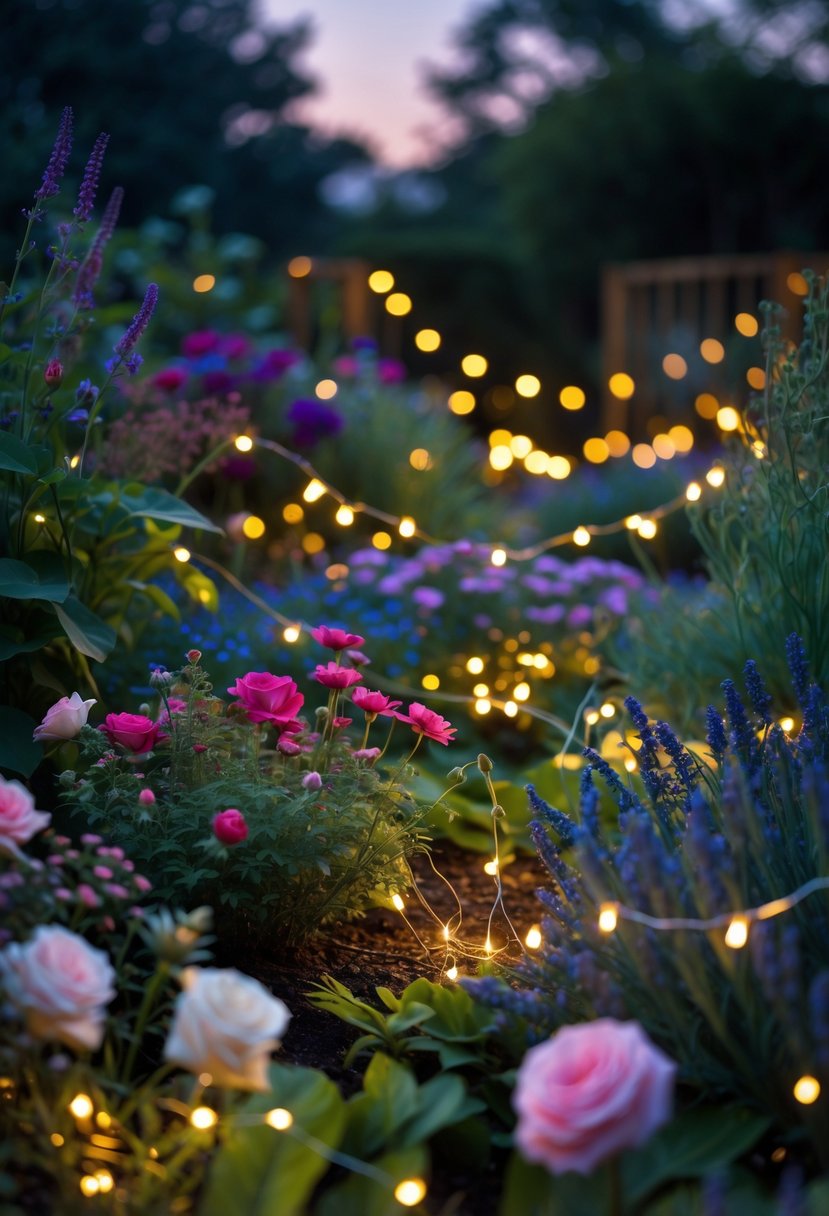 A garden flower bed illuminated by soft glowing fairy lights woven through colorful flowers at dusk.