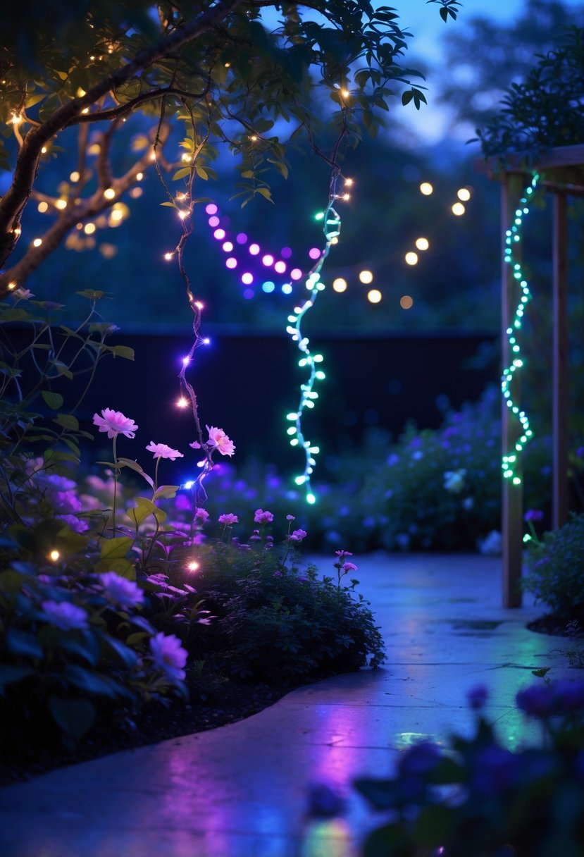 A garden at dusk decorated with colorful fairy lights glowing among trees and plants.