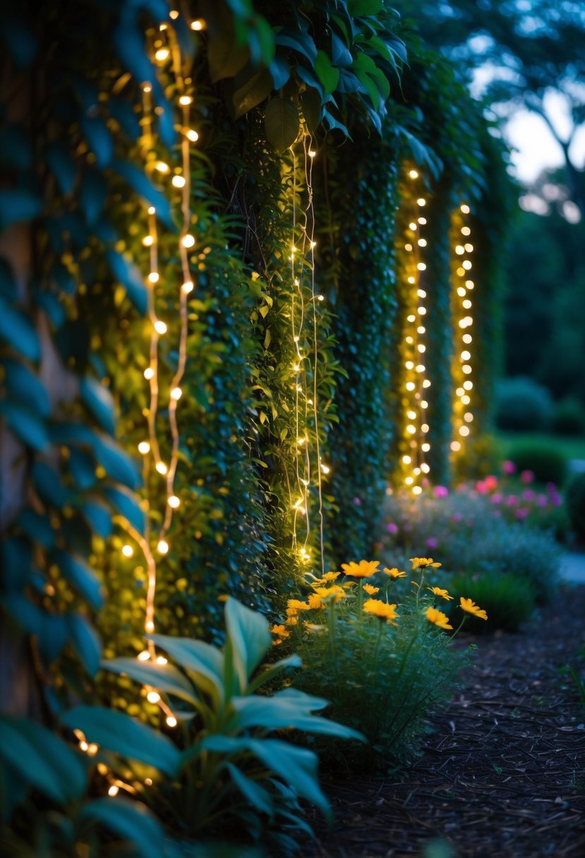 Garden walls covered with green plants and draped with glowing fairy light curtains during twilight.