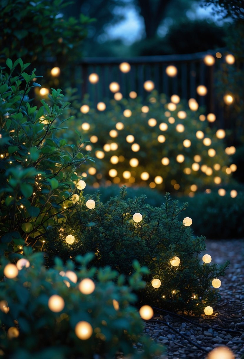 A garden with shrubs decorated by glowing fairy light orbs, creating a warm and magical atmosphere at twilight.