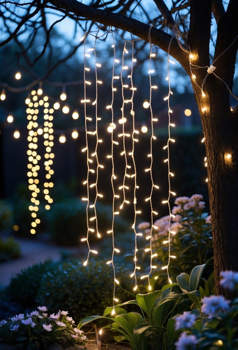 A garden with icicle fairy lights hanging from trees, glowing warmly over plants and flowers at dusk.