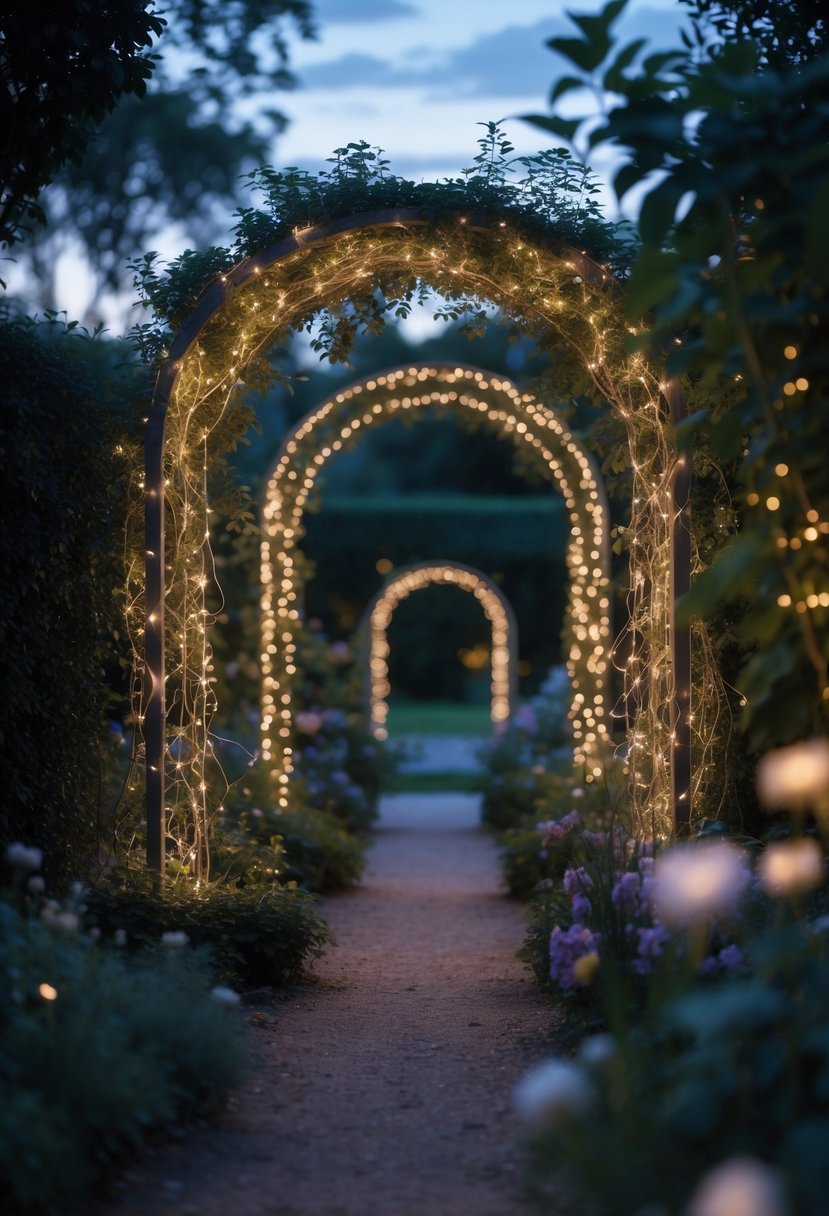 Garden arches wrapped with warm white fairy lights surrounded by green plants and flowers at dusk.