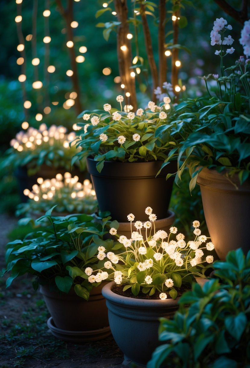 A garden with planters filled with green plants and clustered fairy lights glowing softly among the foliage.