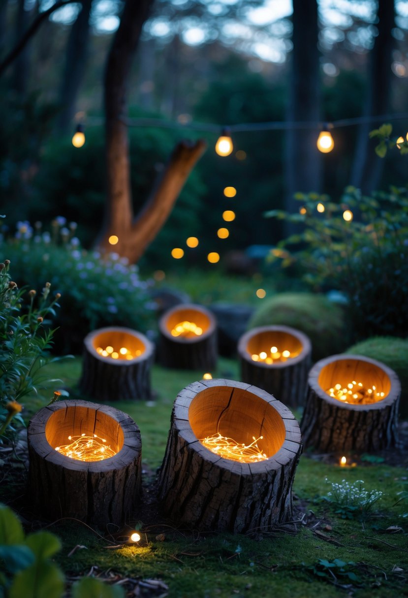 Hollowed tree logs in a garden with warm fairy lights glowing inside them, surrounded by green plants and soft evening light.