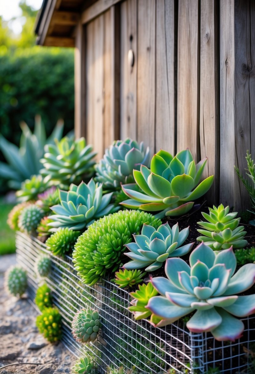 A rustic wooden garden shed with wire mesh panels filled with various green succulents around its base.