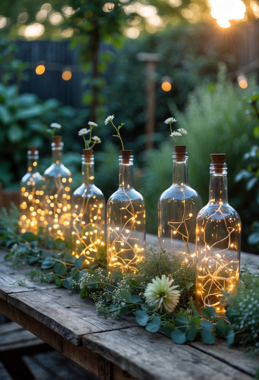 Glass bottles filled with glowing fairy lights arranged on a wooden garden table surrounded by plants and flowers.