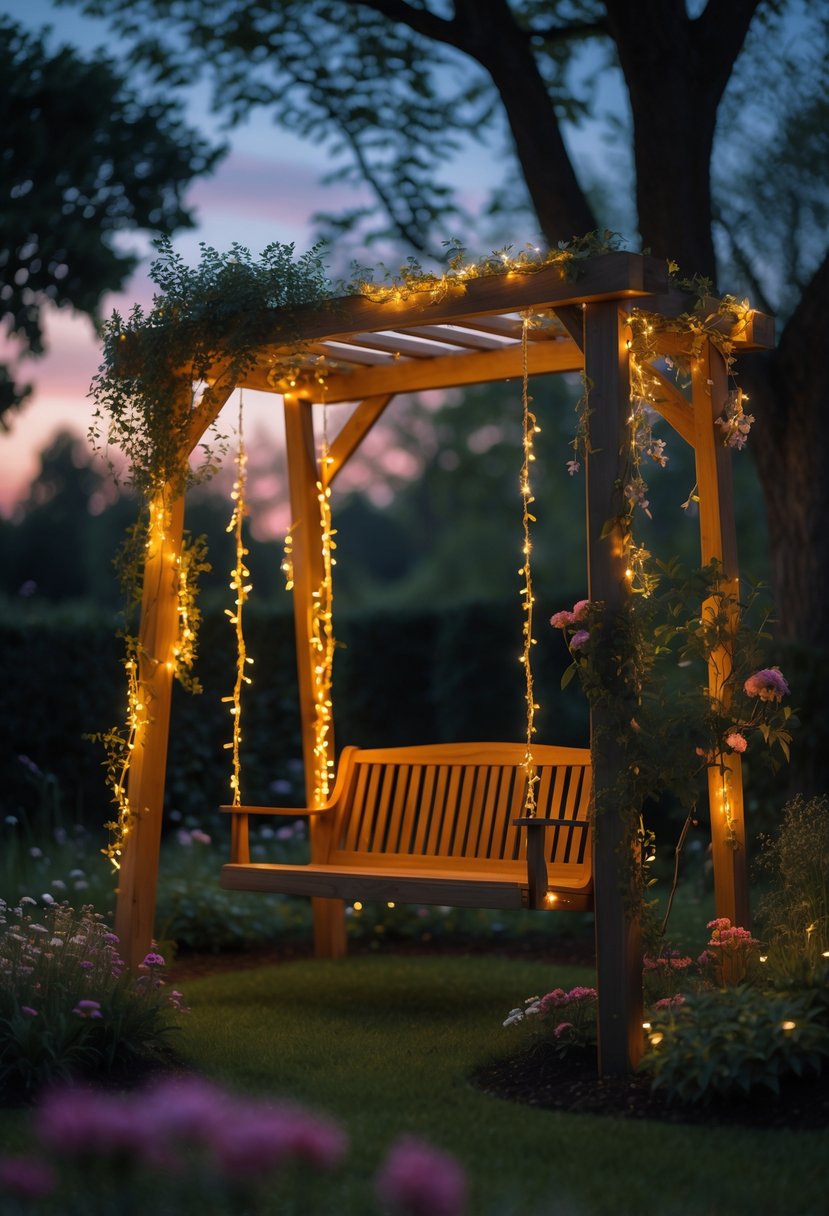A wooden garden swing set decorated with glowing fairy lights surrounded by green plants and flowers at dusk.