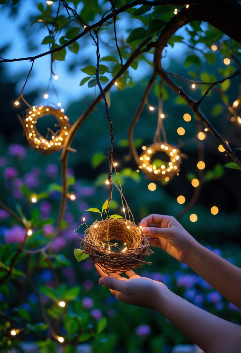 A person installing glowing fairy light nests in tree branches in a garden at twilight.