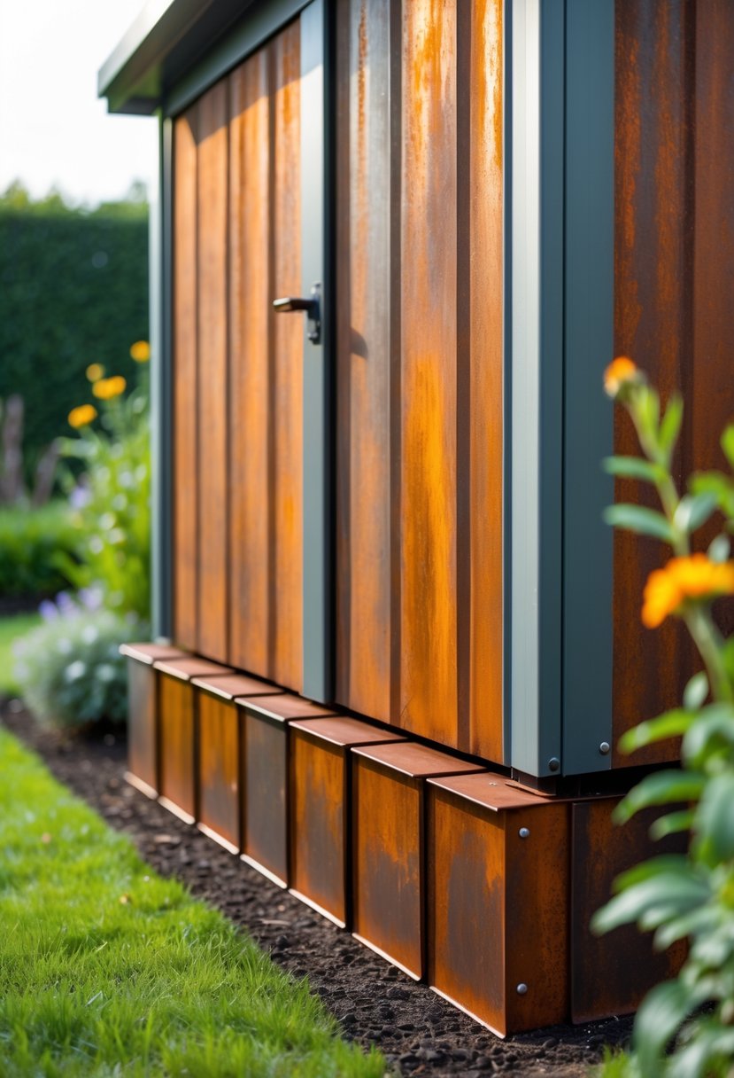 A garden shed with rusty corten steel sheets used as skirting around its base, surrounded by grass and plants.