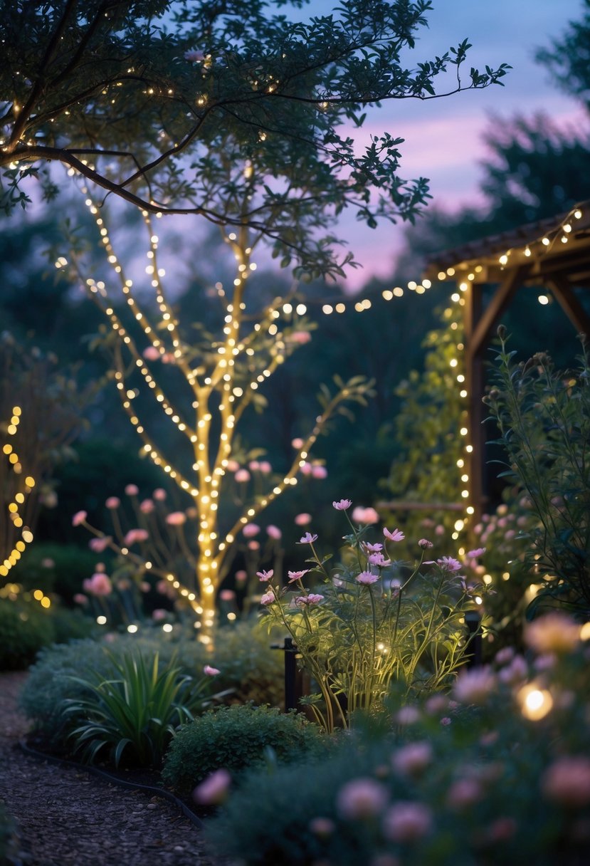 A garden illuminated by soft pastel-colored fairy lights hanging among trees and plants at twilight.