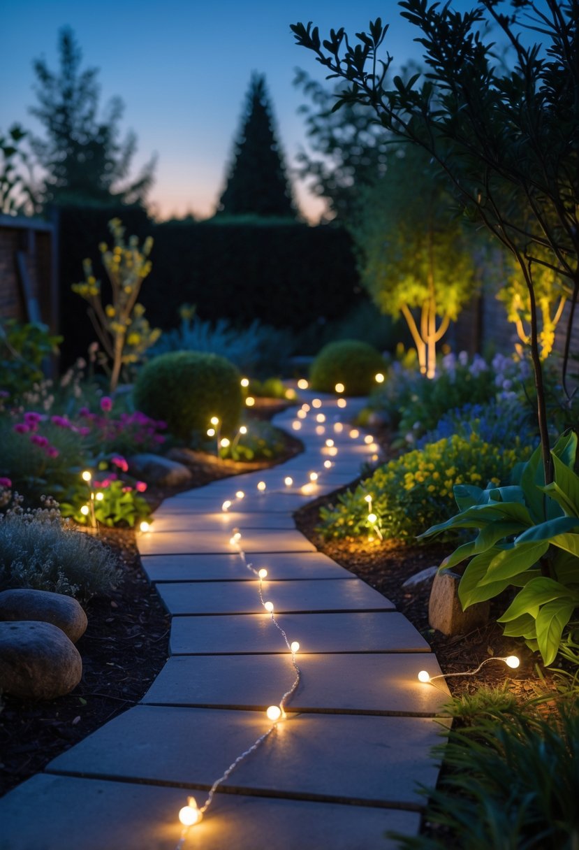A garden pathway lined with low stakes holding warm white fairy lights, surrounded by green plants and flowers at twilight.