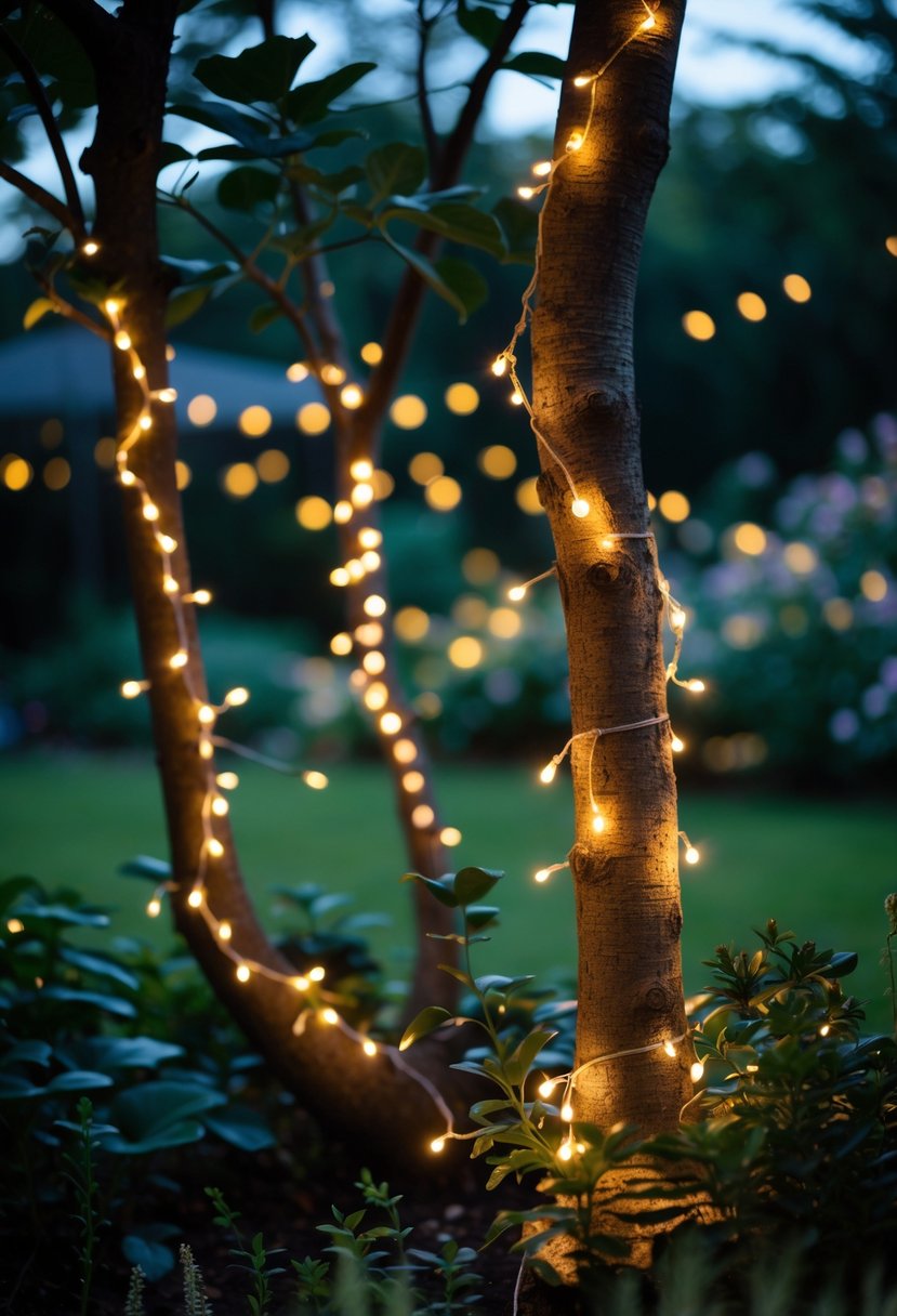 Tree branches wrapped with glowing fairy lights in a garden at dusk.