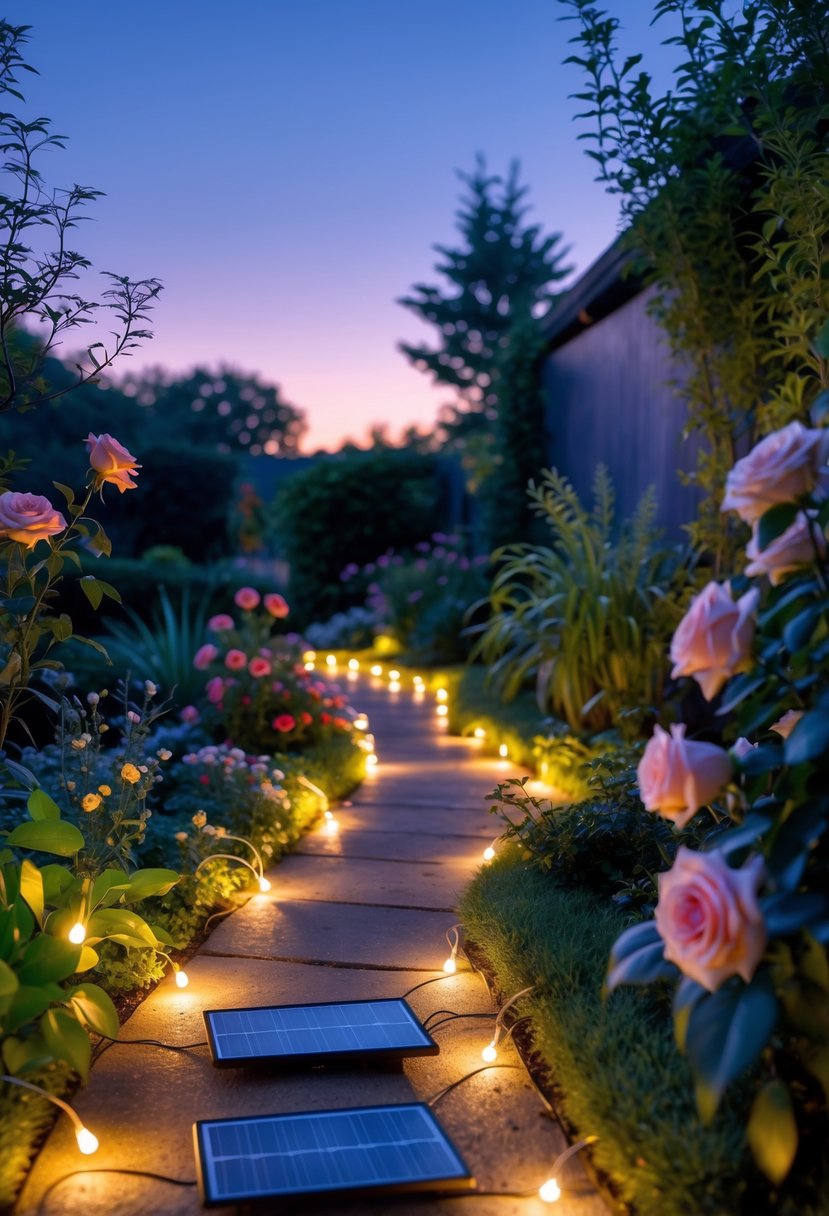 A garden pathway lit by warm solar-powered fairy string lights surrounded by green plants and flowers at twilight.
