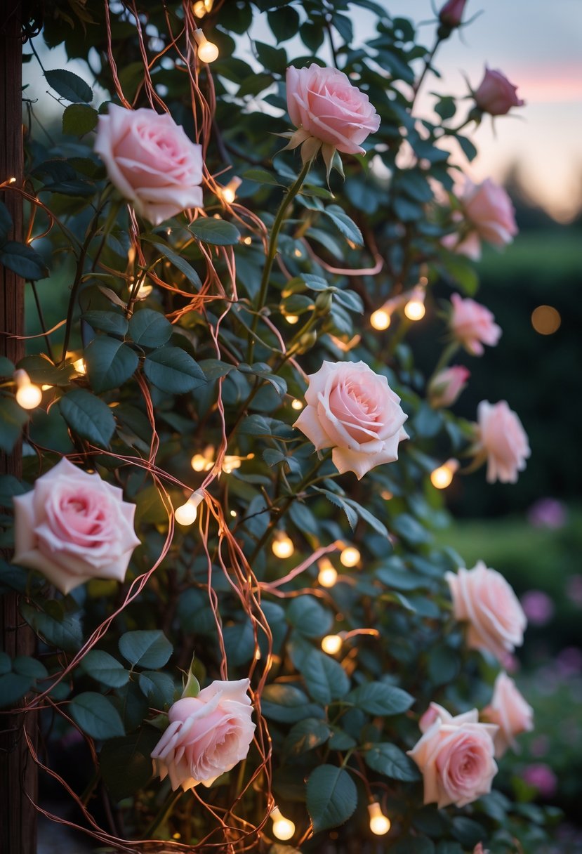 Copper wire fairy lights woven through blooming climbing roses in a garden at twilight.