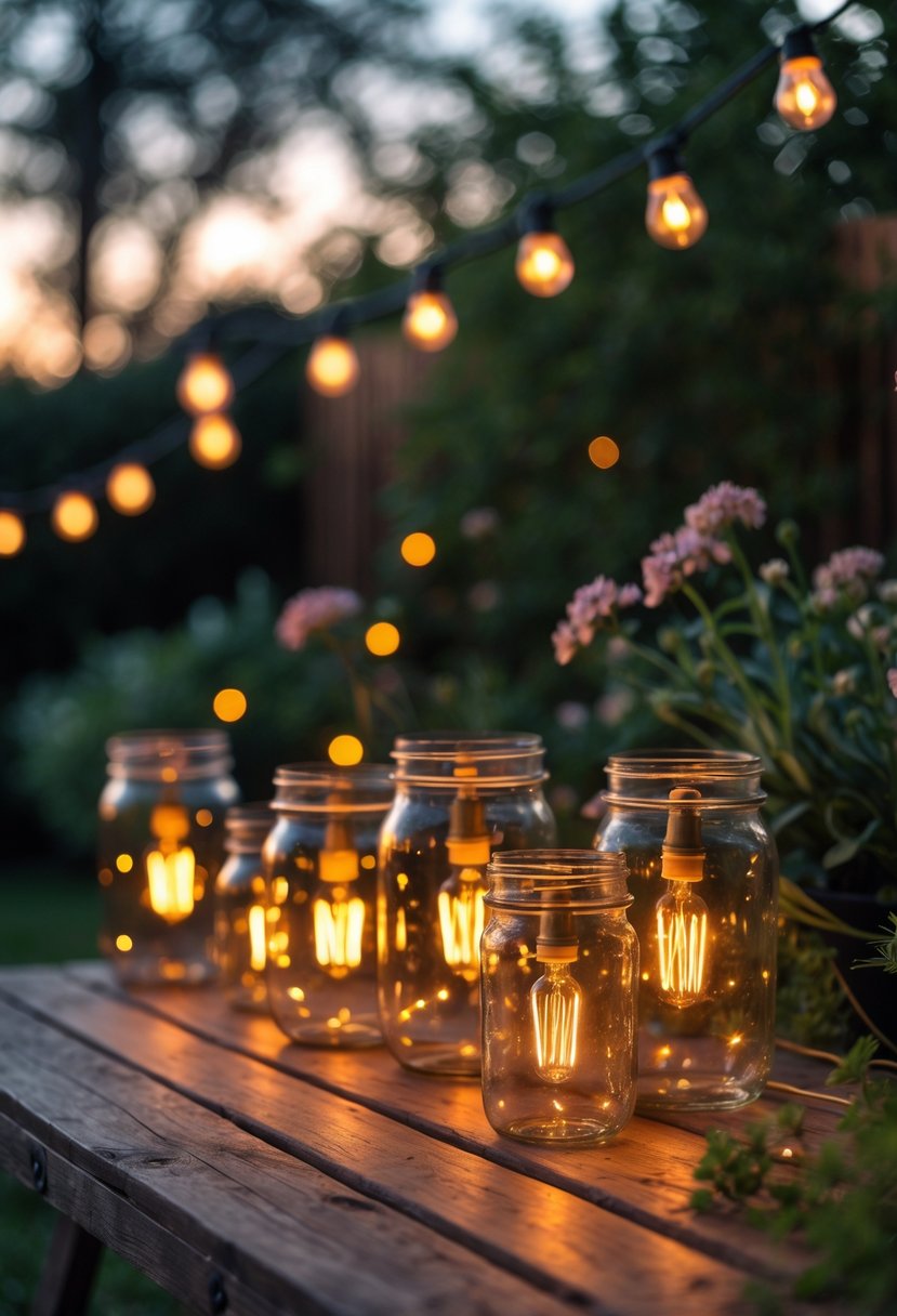 Mason jars filled with glowing Edison bulb fairy lights arranged outdoors on a wooden table surrounded by plants and flowers.