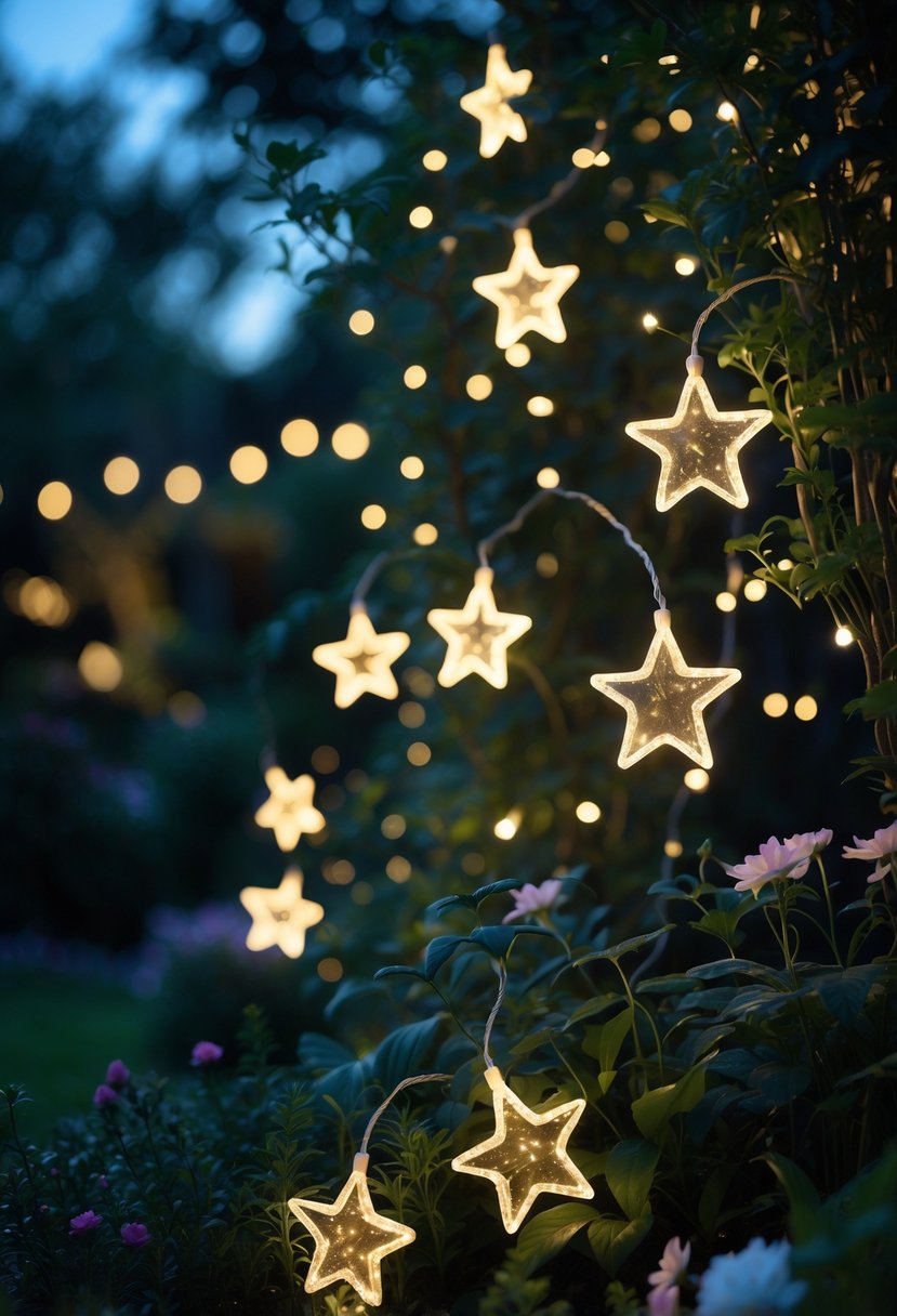 A garden at dusk with star-shaped fairy lights twinkling among green plants and flowers.