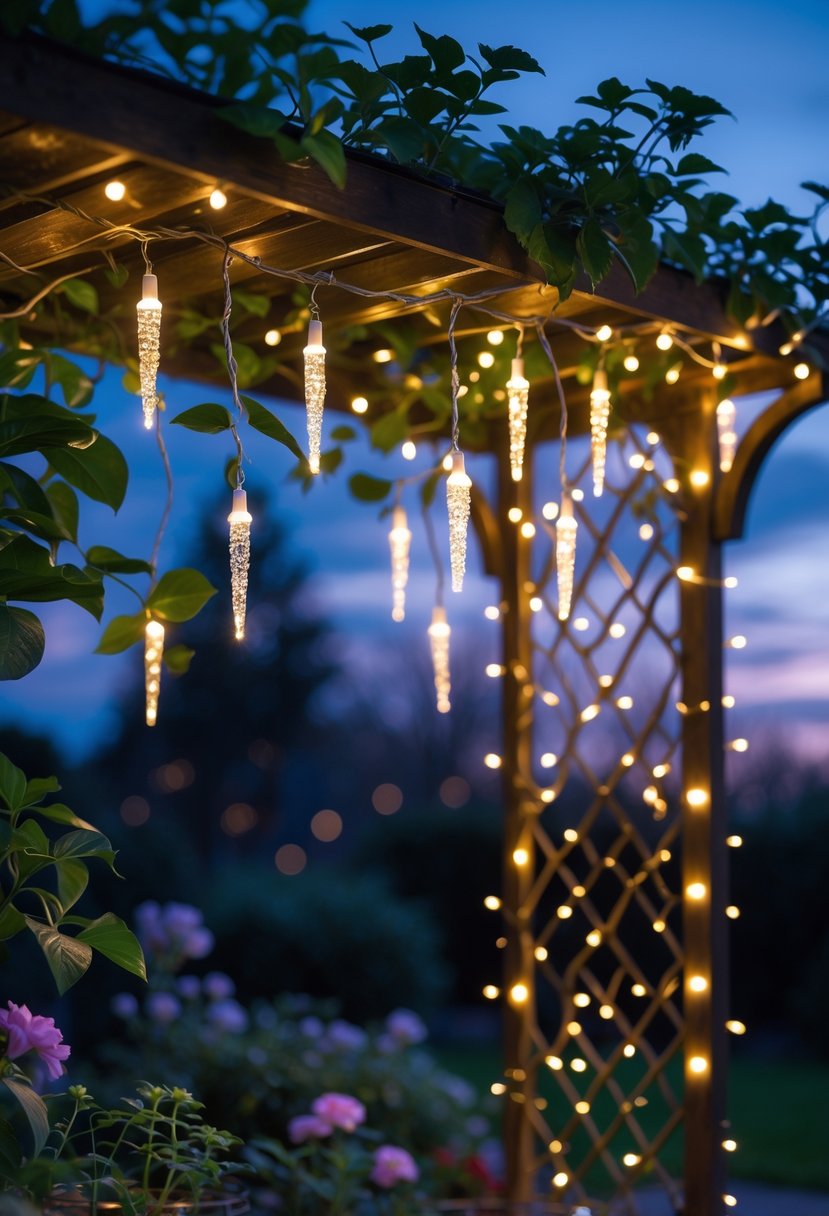 Icicle fairy lights hanging from a garden trellis glowing softly over plants and flowers at dusk.