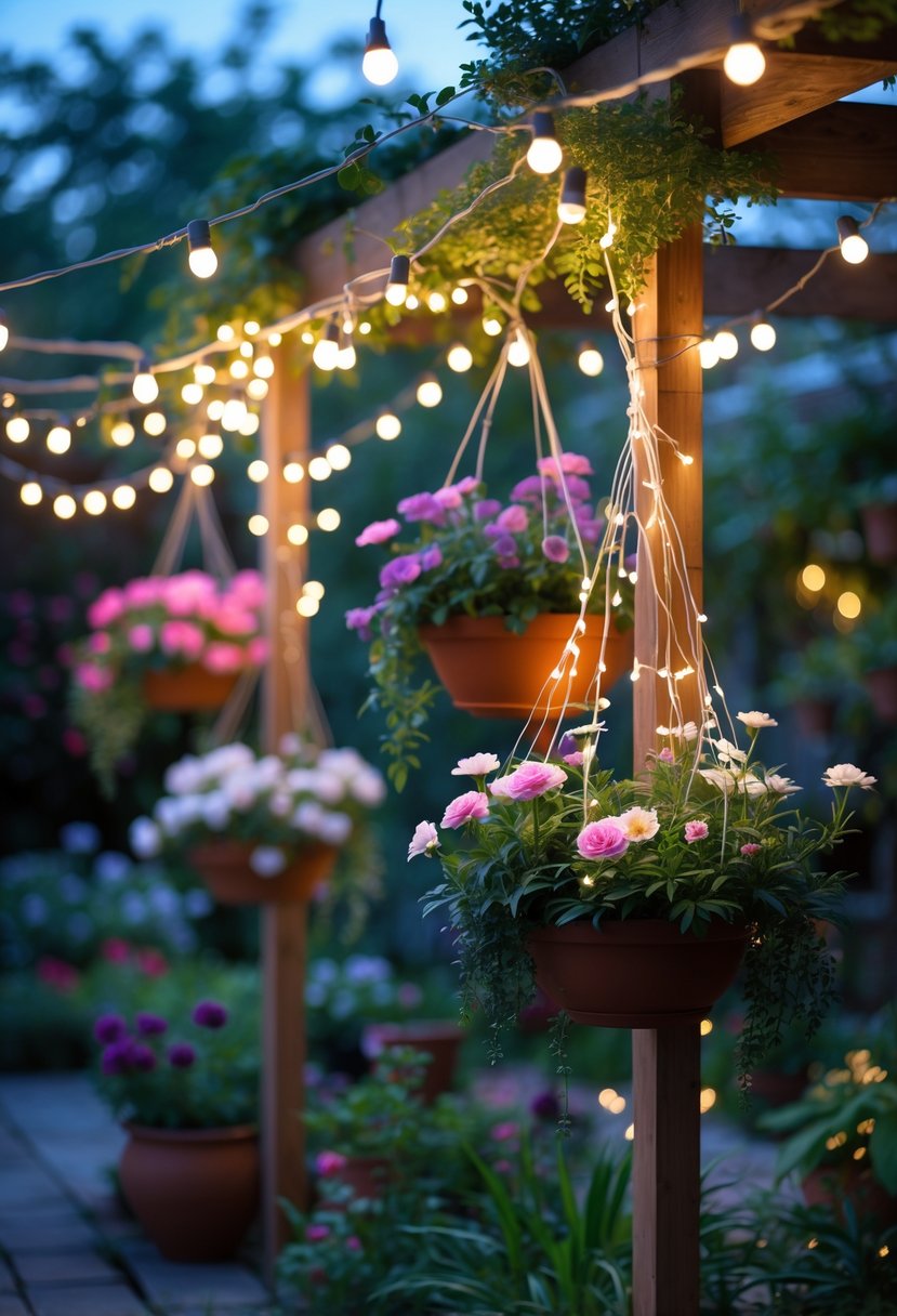 Outdoor garden scene with warm fairy lights and hanging flower pots filled with colorful flowers at twilight.