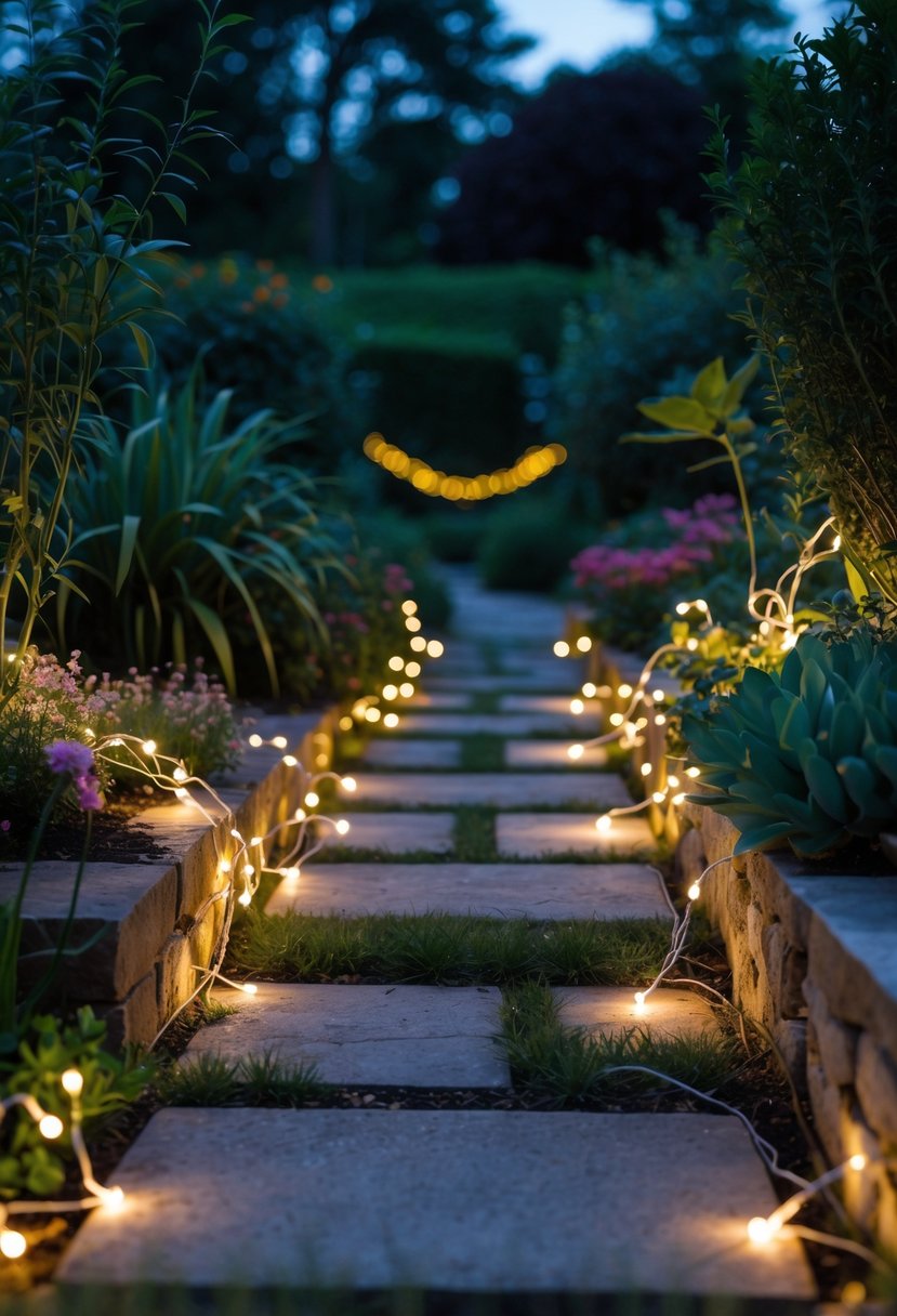 A garden pathway lit by twinkling solar-powered fairy lights surrounded by green plants and flowers at twilight.
