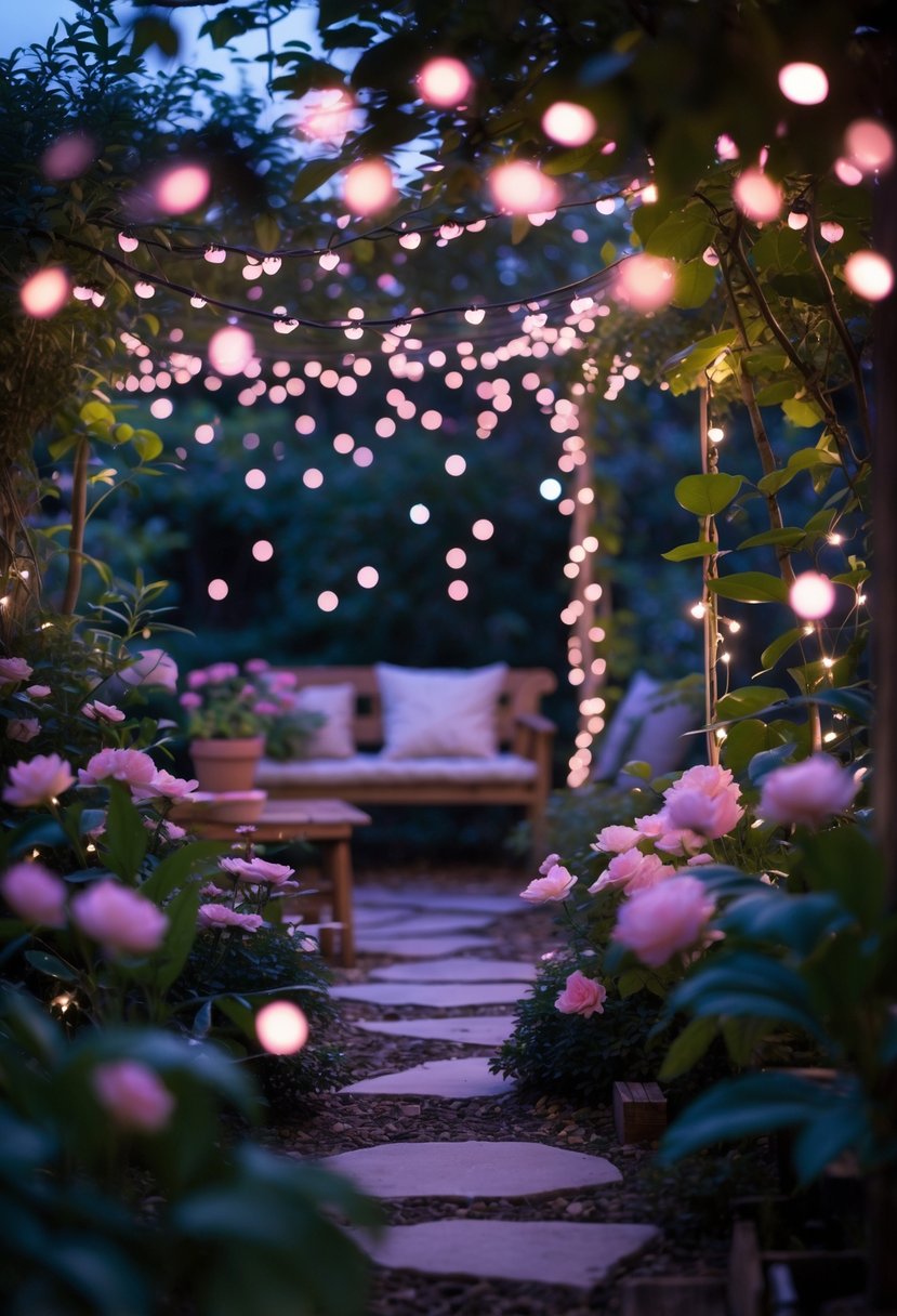 A garden at twilight softly lit by pink fairy lights draped over plants and outdoor seating.