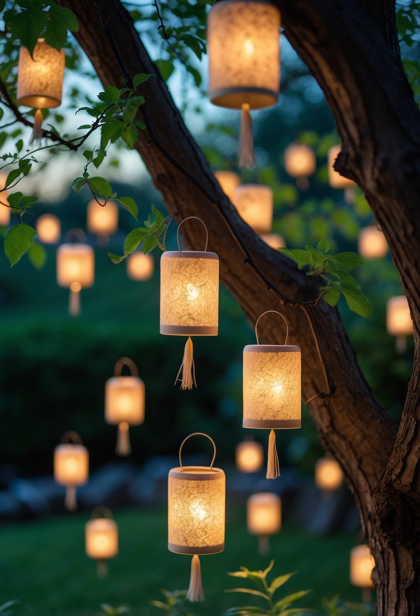 Miniature lantern clusters glowing softly while hanging from tree branches in a garden at dusk.