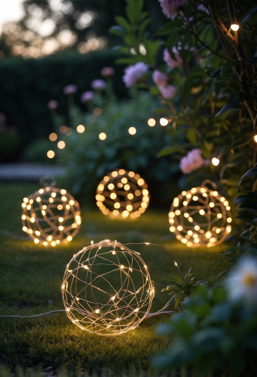 Decorative garden wire spheres wrapped with glowing fairy lights in a garden surrounded by plants and flowers.