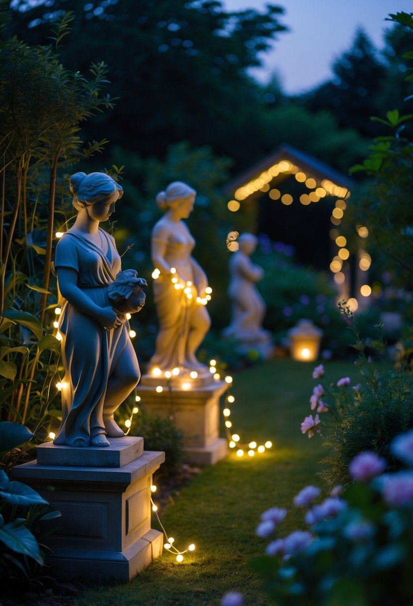 A garden at dusk with stone statues softly lit by warm white fairy lights surrounded by greenery.