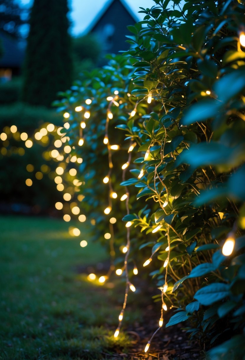 Bushes covered with icicle-style fairy lights glowing softly in a garden at dusk.