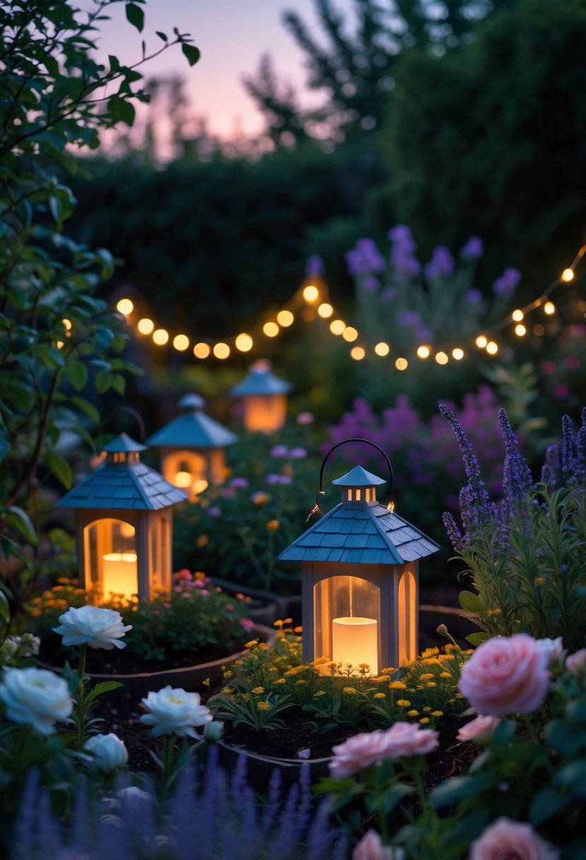 Tiny cottage-shaped lanterns glowing softly among colorful flowers and fairy lights in a garden at twilight.