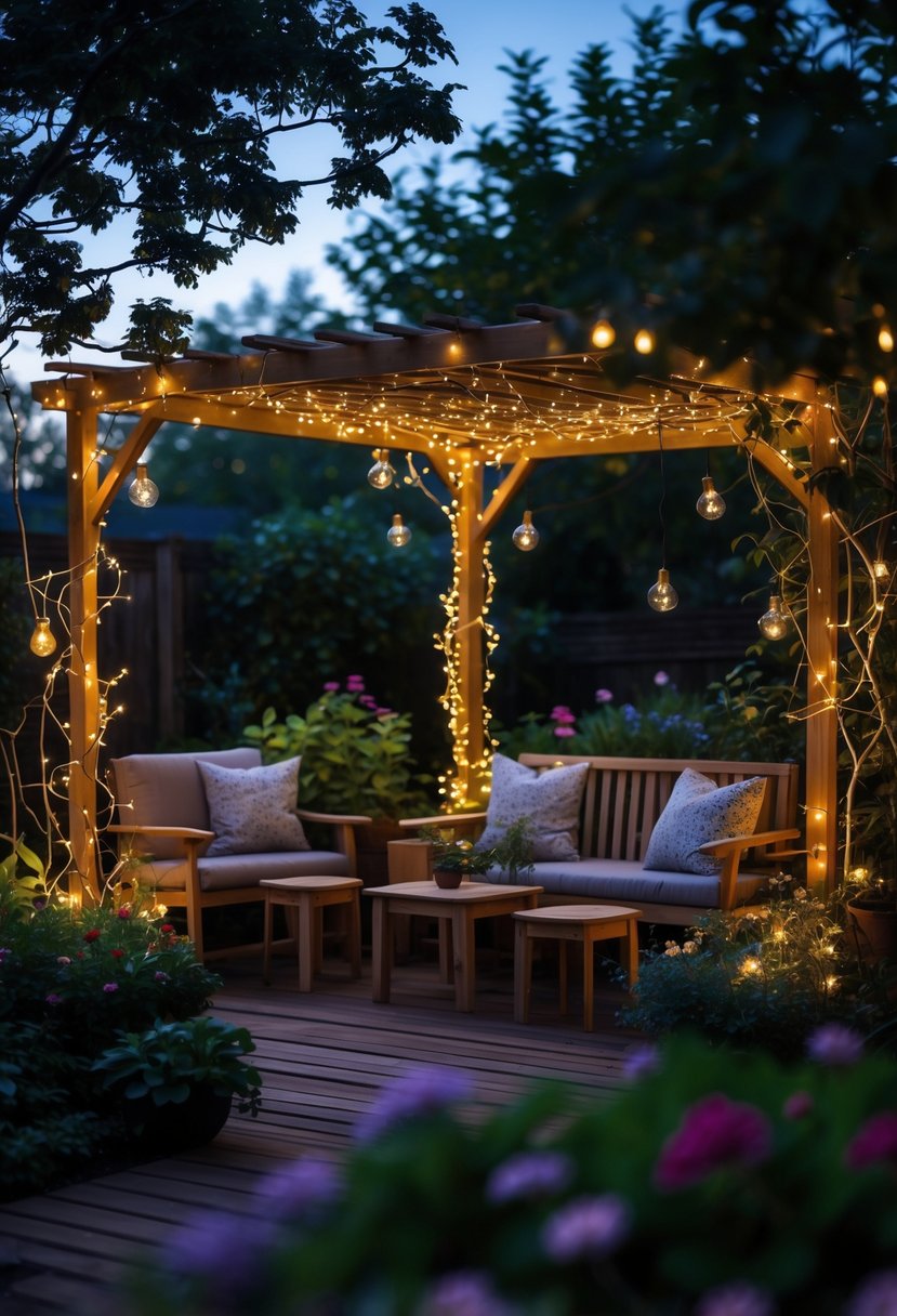 Outdoor garden seating area with wooden benches and fairy lights wrapped around trees and furniture, glowing warmly at dusk.
