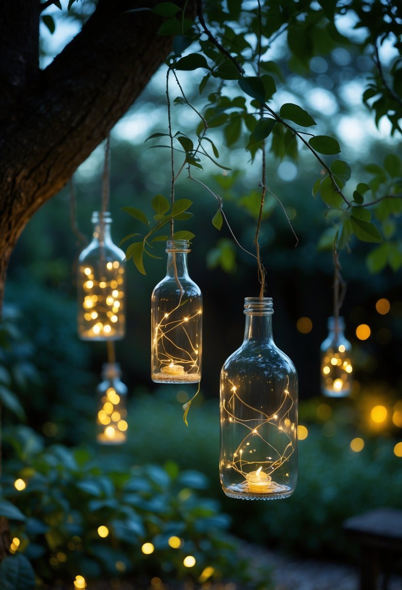 Glass bottles with fairy lights hanging from tree branches in a garden at dusk.