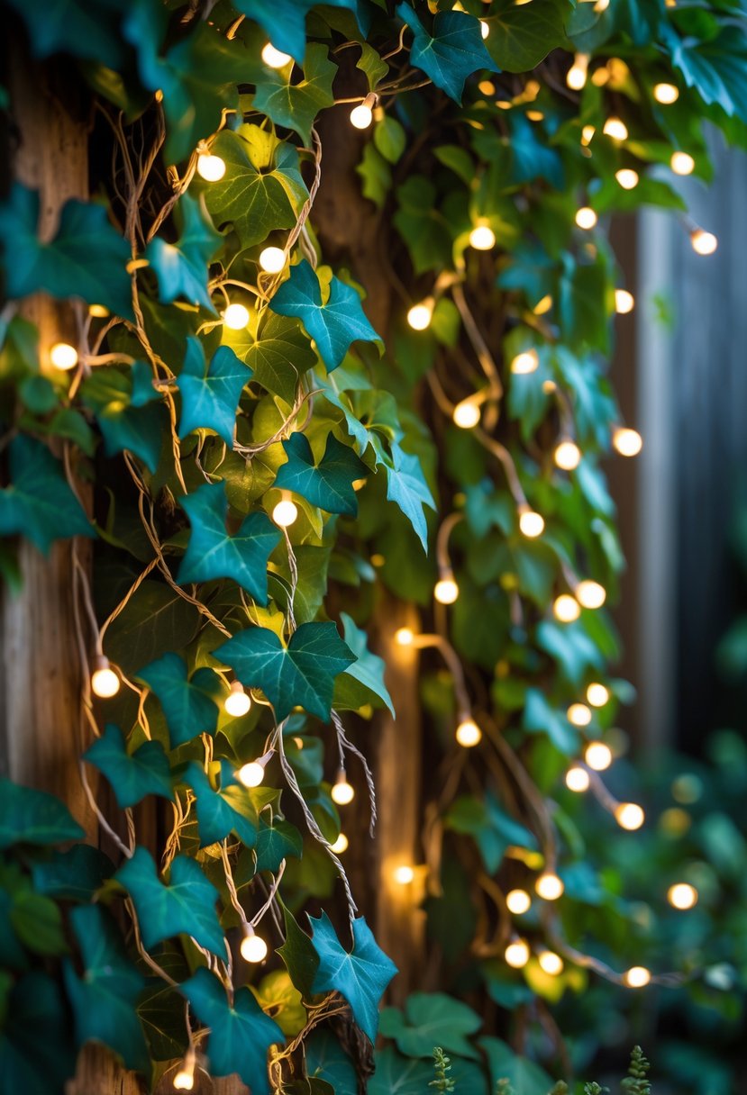 Close-up of warm white fairy lights wrapped around green ivy and grapevine leaves in a garden.