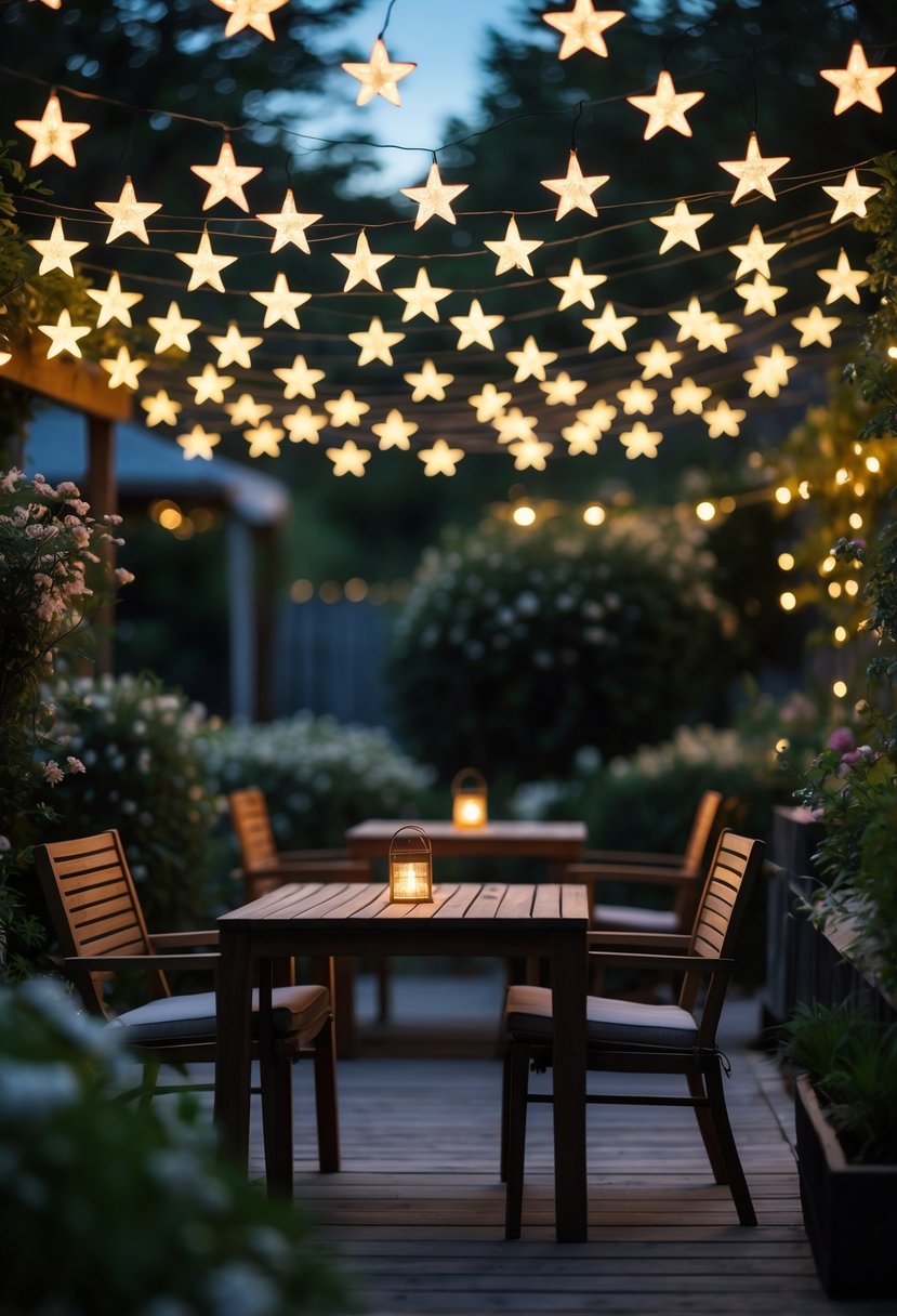 Outdoor garden seating area with star-shaped fairy lights hanging overhead and surrounded by plants.