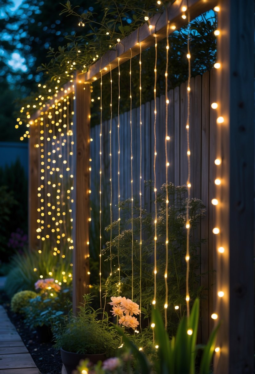 A garden fence decorated with warm curtain fairy lights glowing softly among plants at dusk.