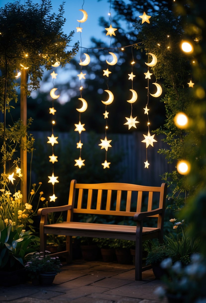 A wooden garden bench under glowing moon and star-shaped string lights surrounded by plants and flowers in a garden at dusk.