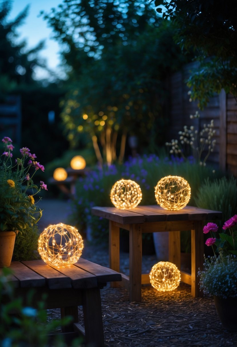 Glowing fairy light orbs placed on wooden garden tables surrounded by plants and flowers in a garden at dusk.