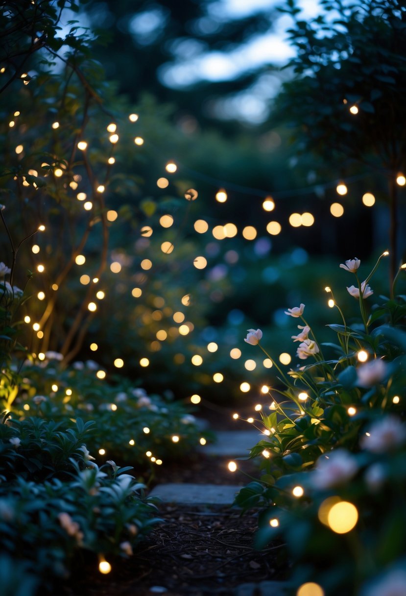A garden at twilight with warm fairy lights glowing among plants and flowers.