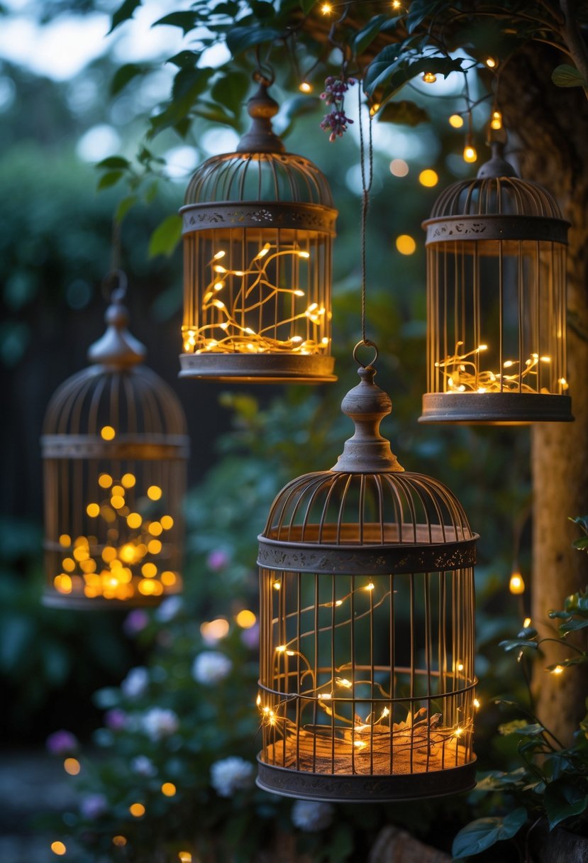 Vintage birdcages hanging in a garden, softly lit by warm amber fairy lights.