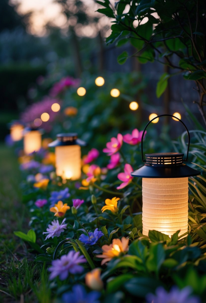 Solar fairy lanterns glowing softly along a flower bed in a garden at dusk.