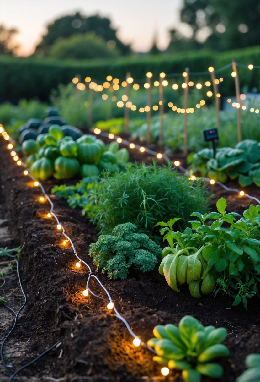 A vegetable and herb garden bordered by solar-powered fairy light stakes glowing softly at dusk.