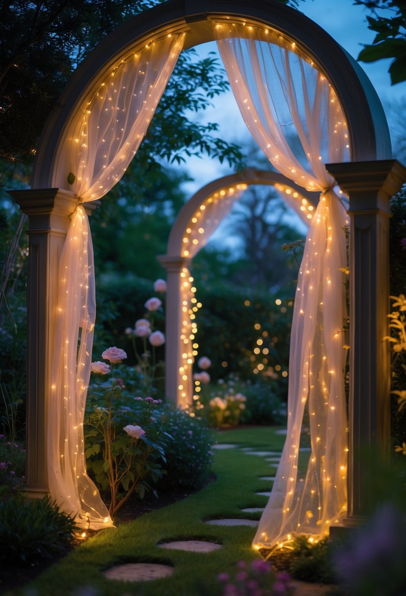Garden arches decorated with delicate fairy light curtains glowing softly among green plants and flowers at twilight.