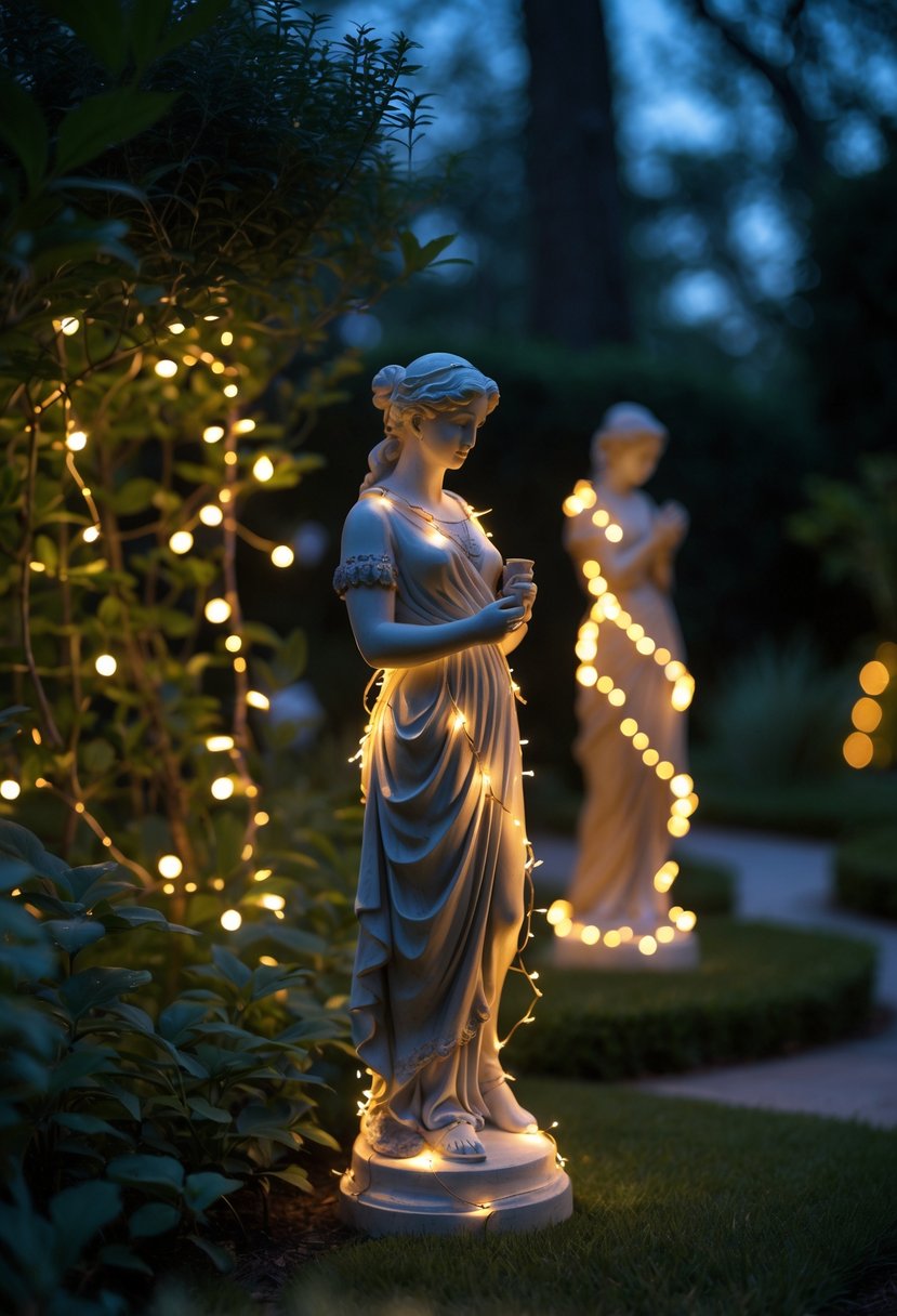 Garden statues wrapped with glowing fairy lights at night surrounded by plants.