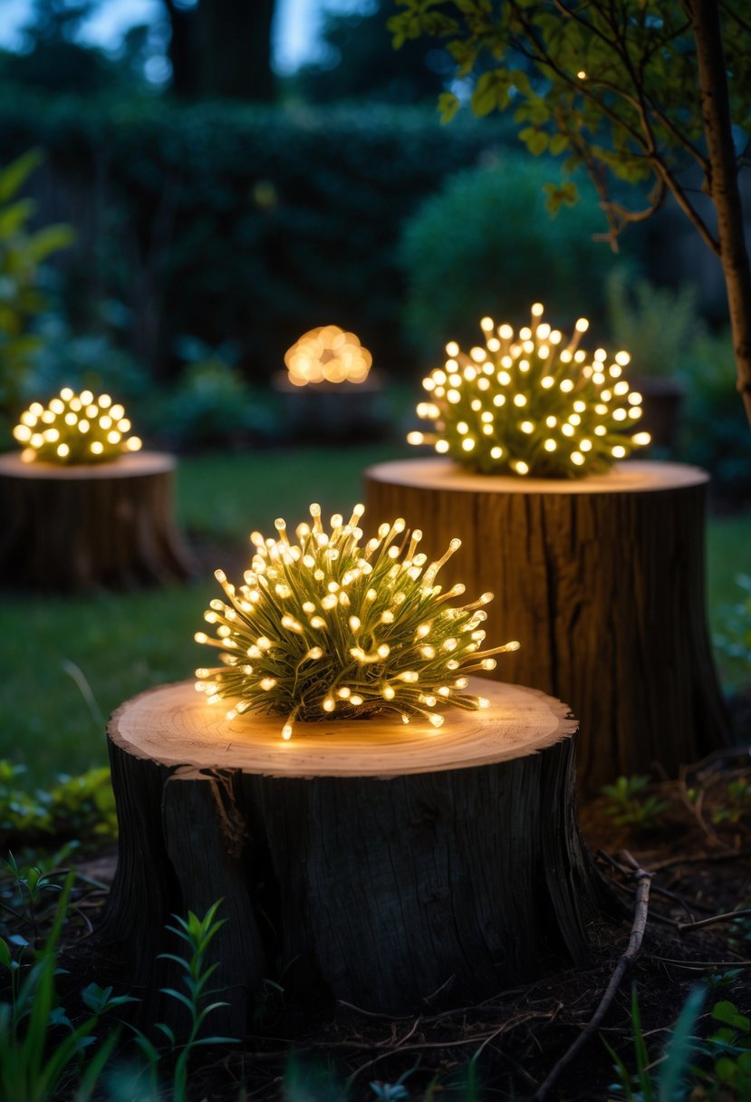 Clustered fairy lights glowing inside hollowed tree stumps surrounded by garden plants at twilight.