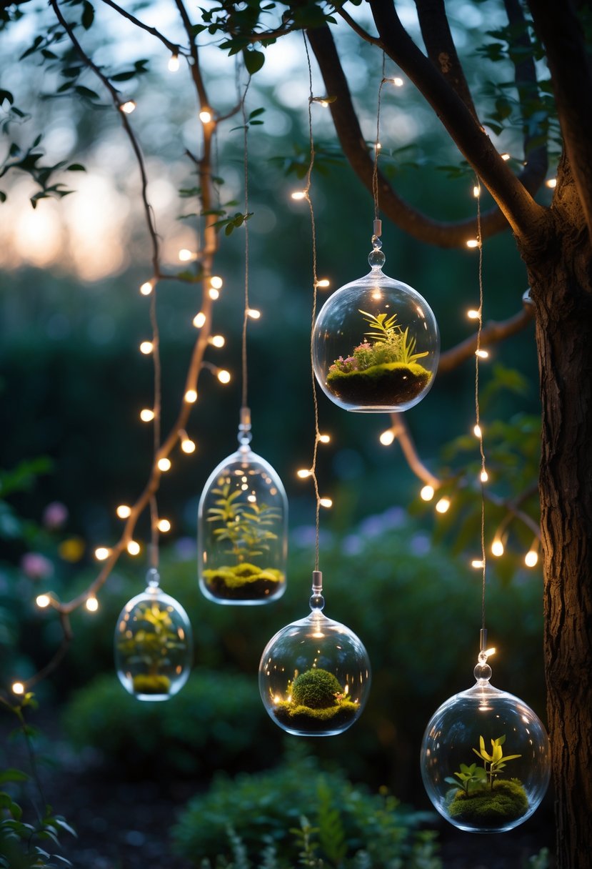 A garden with hanging glass terrariums and glowing fairy lights among green plants in the evening.