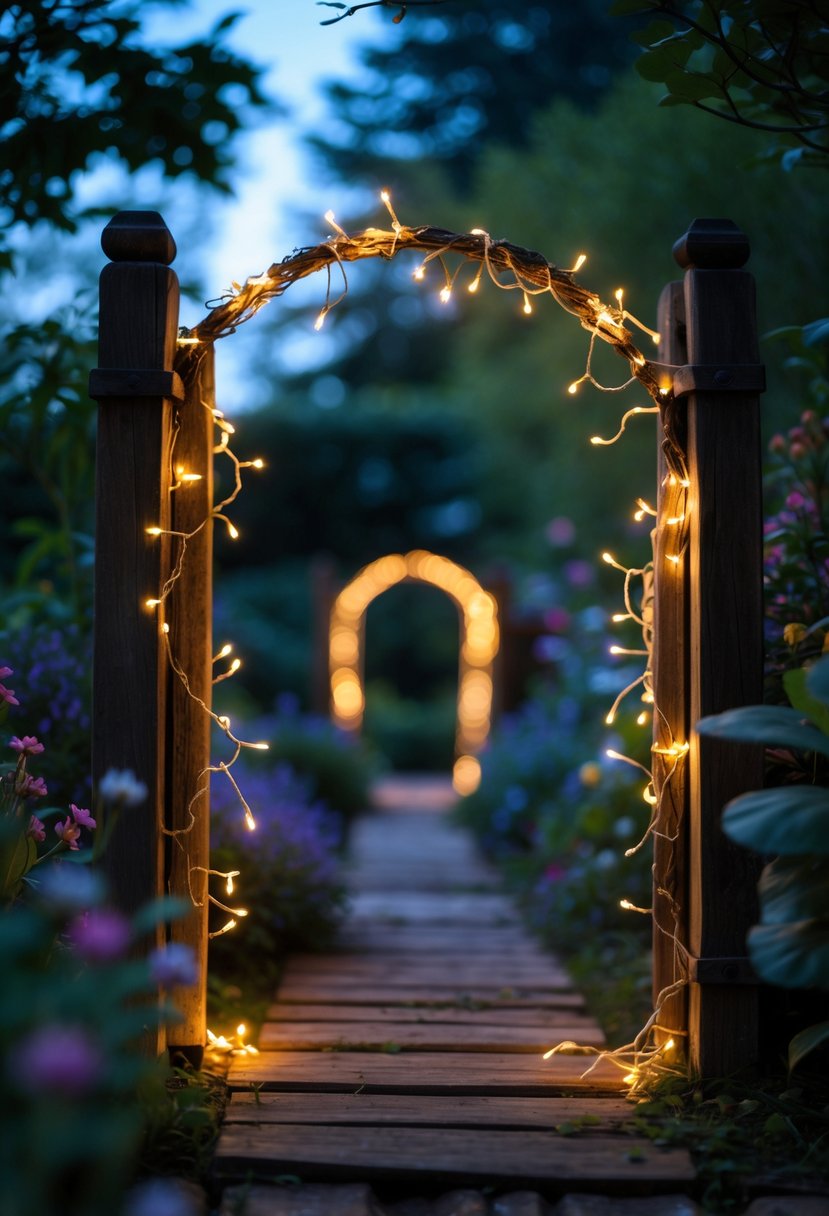 Tiny fairy light wreaths hanging on wooden garden gates surrounded by green plants and flowers at dusk.