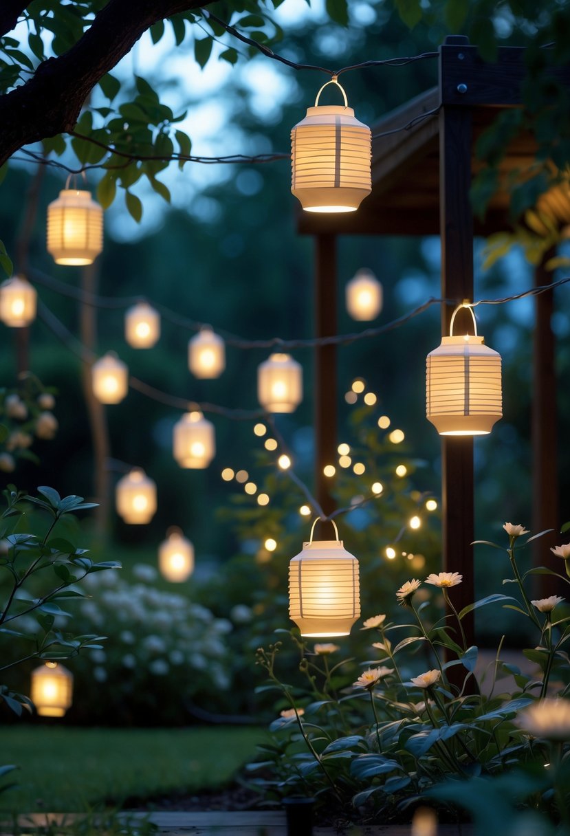 A garden at dusk with glowing fairy lights inside waterproof paper lanterns hanging from trees and plants.